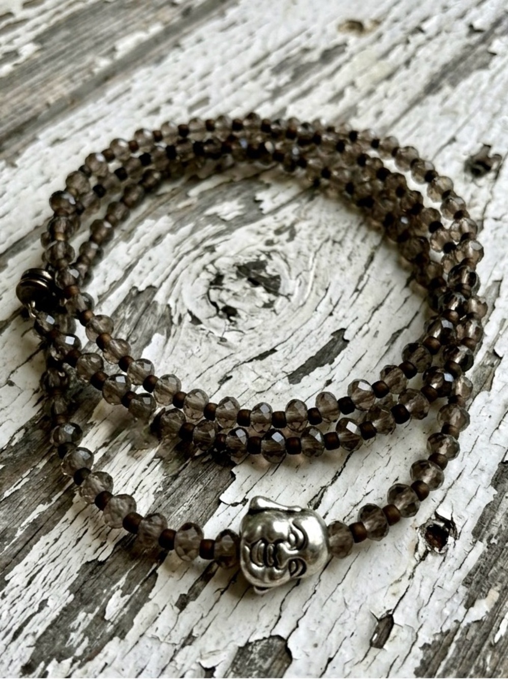Triple Wrap Faceted Smokey Quartz & Bronze Beaded Bracelet w/Laughing Buddha